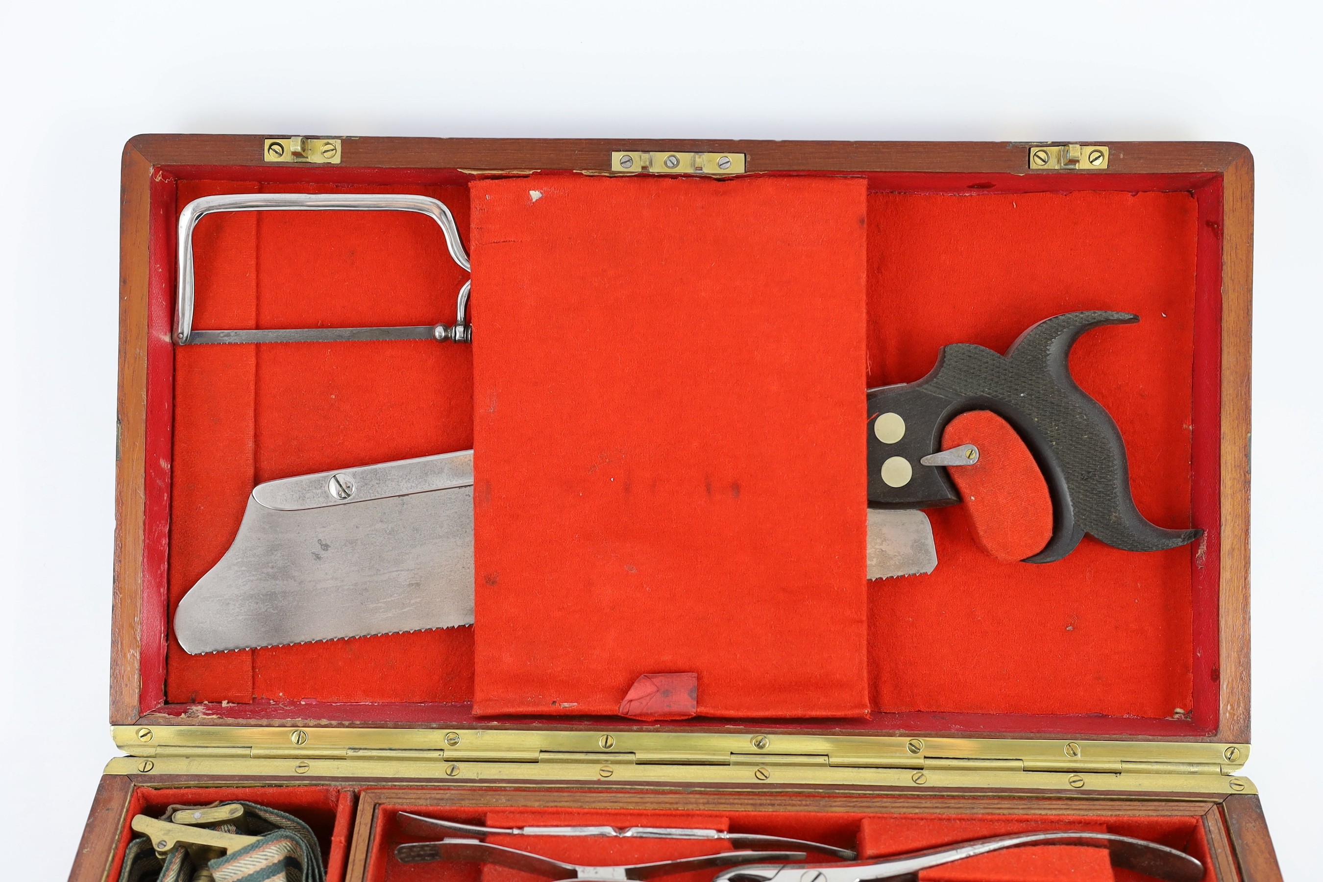 A Victorian mahogany cased field surgeon's set by Salt & Son of Bull Lane, London, 41 x 22cm, 7.5cm high